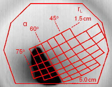 Fig. 2: Negative image of FILD camera frame showing prompt-losses as the dark region between 60◦ ≤ α ≤ 75◦. (Shot 141223, t = 380 ms)