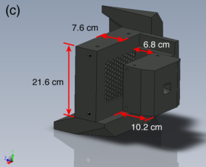 FIG.1. Computer models of the lead components for the gamma ray imager. (a) The rear panel view highlights many of the exit channels for the 123 sightlines. (b) The front view shows the entrance pinhole. (c) Assorted di- mensions for the lead components are shown with some of the side shielding pieces removed.